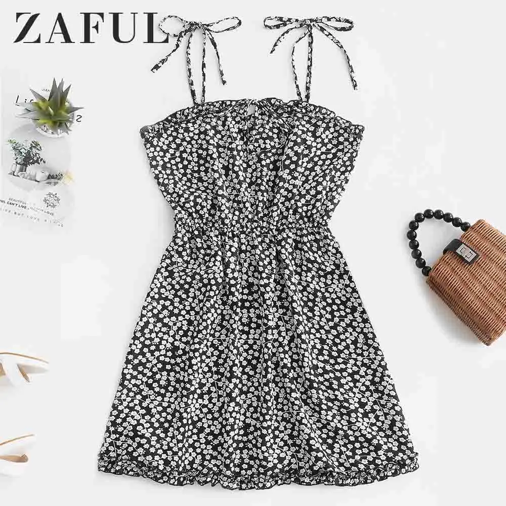 ZAFUL Связанный воротник мини-платье с цветочным принтом A-Line Спа Спагетти бантом