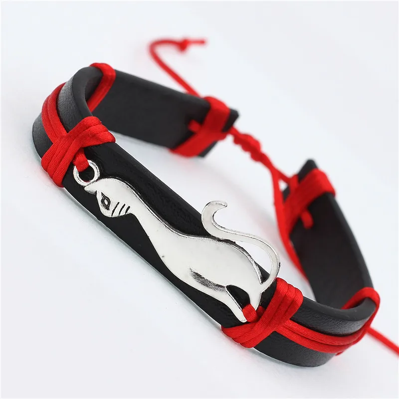 Antique Cute Cat Charms PU Leather Bracelets Lovely Animal handmade Braid colorful Jewelry kids Gifts for drop shipping | Украшения и