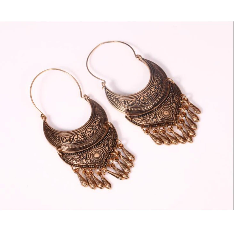 Bohemia Vintage Retro Tribal Antique Silver Ethnic Carved Moon Long Tassel Earrings for Women Jewelry Punk Beads Earring | Украшения и