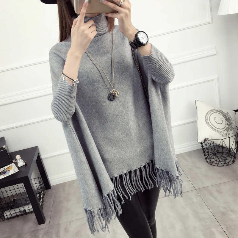 

High collar sweater women 2019 new autumn and winter long section fashion fringed cloak bat solid color knitted shawl jacket