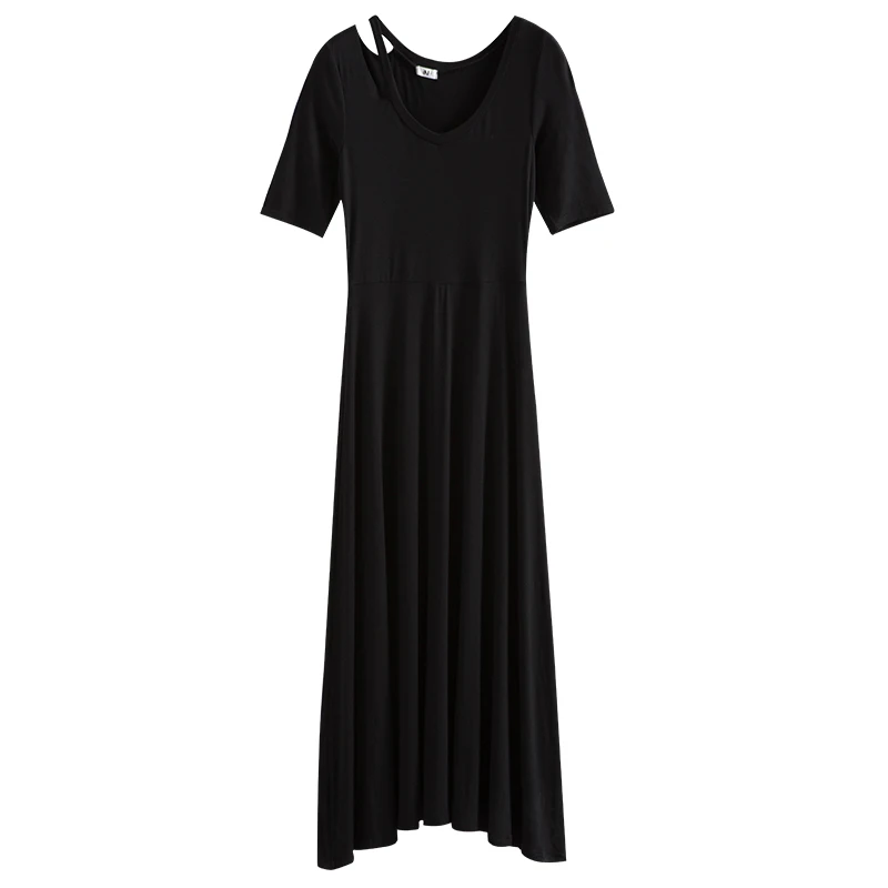 Oukytha Летнее Длинное платье Fit and Flare черный Для женщин платья Рубашка с короткими