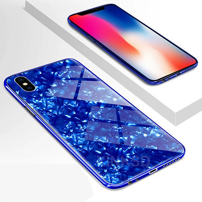 Fashion Tempered Glass Conch Shell Phone Case For iPhone X 6 6s 7 8 Plus Glossy Hard Back Soft Edge Shockproof Protect |