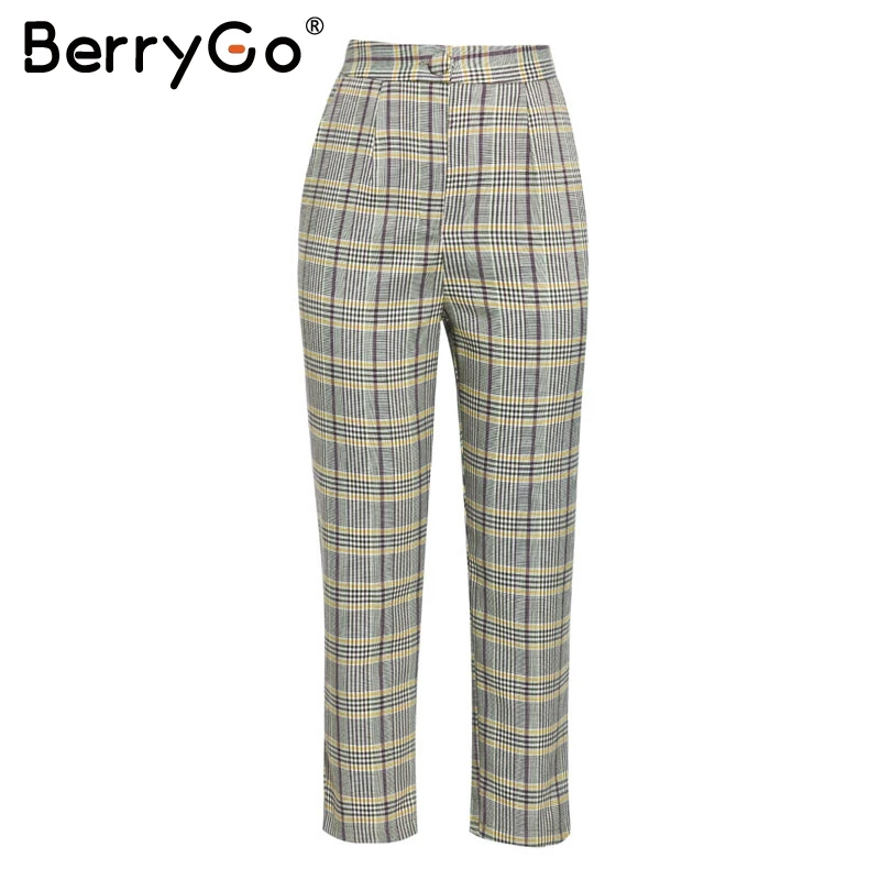 BerryGo офисный женский клетчатый Блейзер, комплект из двух предметов, двубортный женский Блейзер, брюки, костюмы, Повседневная Уличная одежда, женские брюки, набор