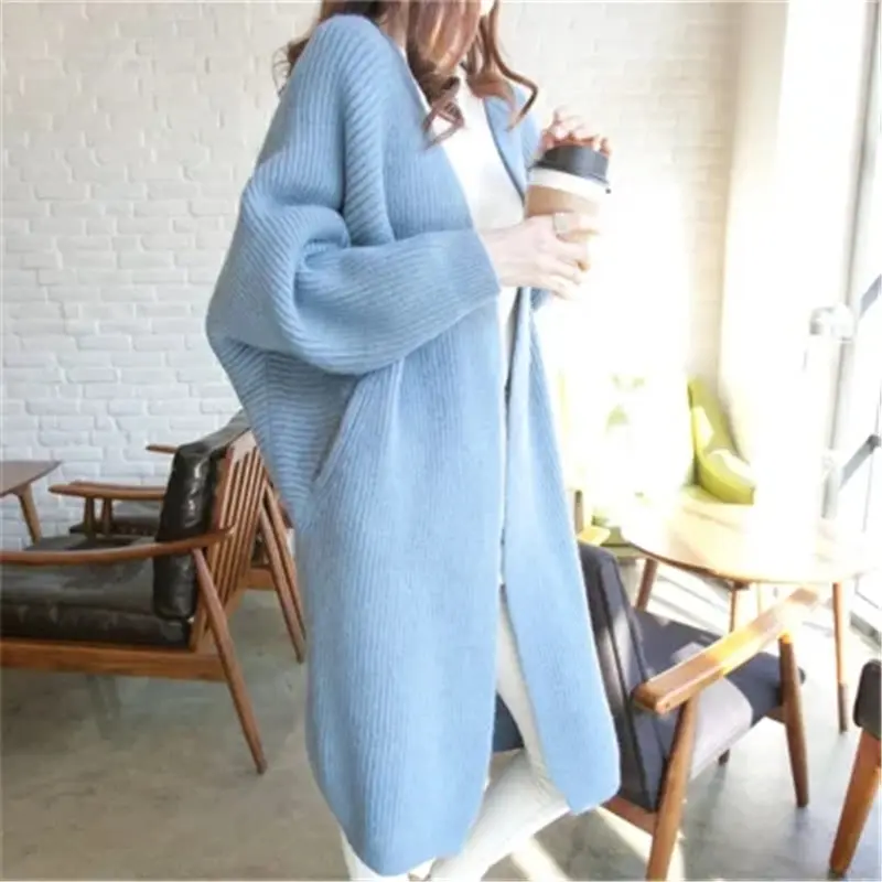 blue Женский длинный кардиган, пальто, свободный свитер для женщин, Осень-зима, повседневный рукав летучая мышь, размера плюс, Толстая теплая вязанная куртка L955 - Цвет: blue