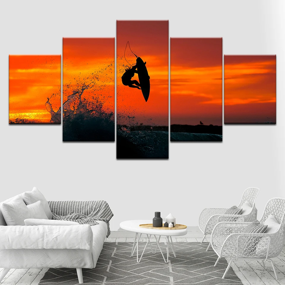 

Sea surfing with sunset sky 5 Piece Wallpapers Art Canvas Print modern Poster Modular art painting for Living Room Home Decor