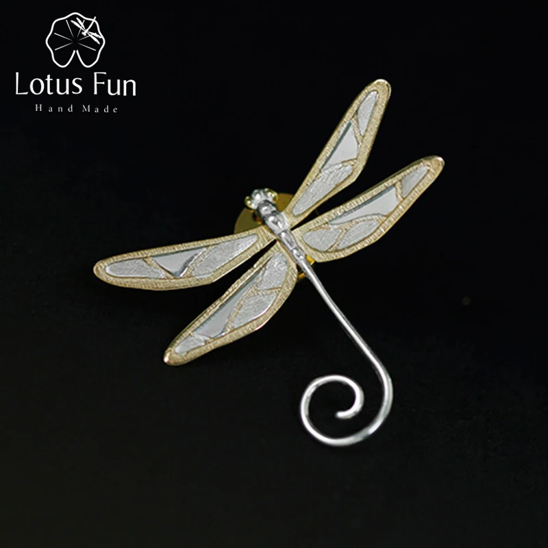 Lotus весело Настоящее стерлингового серебра 925 природных Стиль ручной работы Ювелирные украшения Симпатичные Стрекоза Броши Дизайн Булавки Broche для женщин