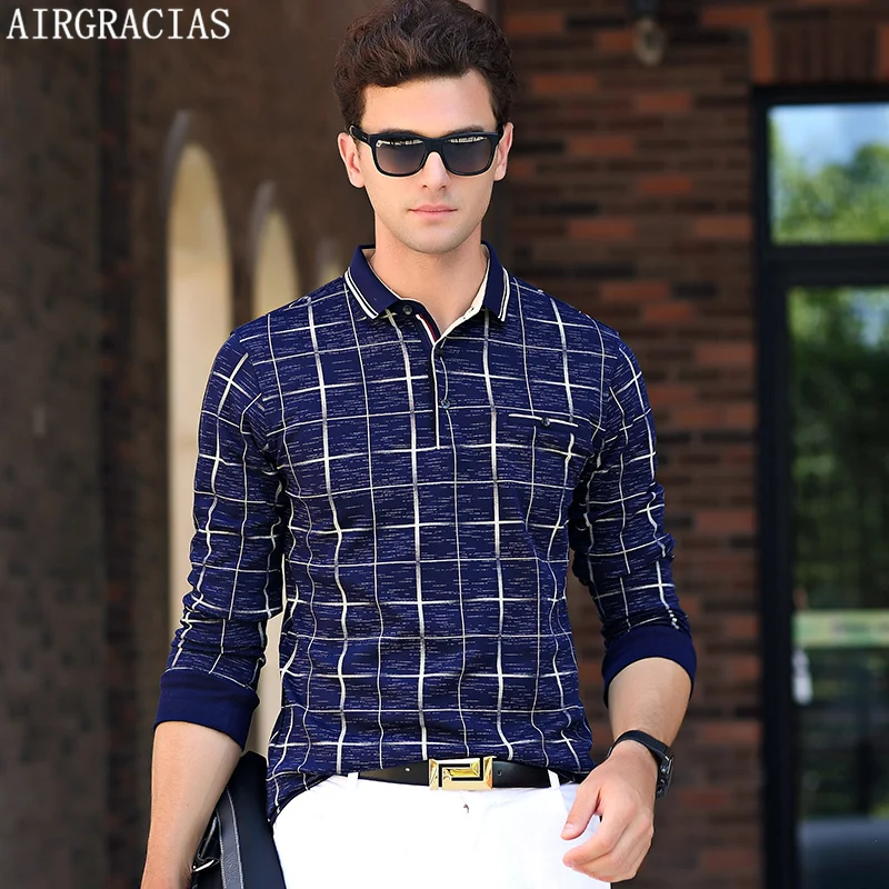 AIRGRACIAS Фирменная Новинка Для мужчин рубашки поло Мода классический плед Slim Fit с