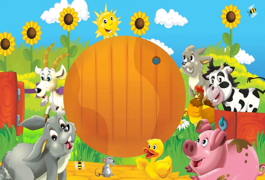 Laeacco Baby Cartoon Happy Birthday Party Farm Grass Animals Banner Photographic Backdrops Photography Backgrounds Photo Studio |