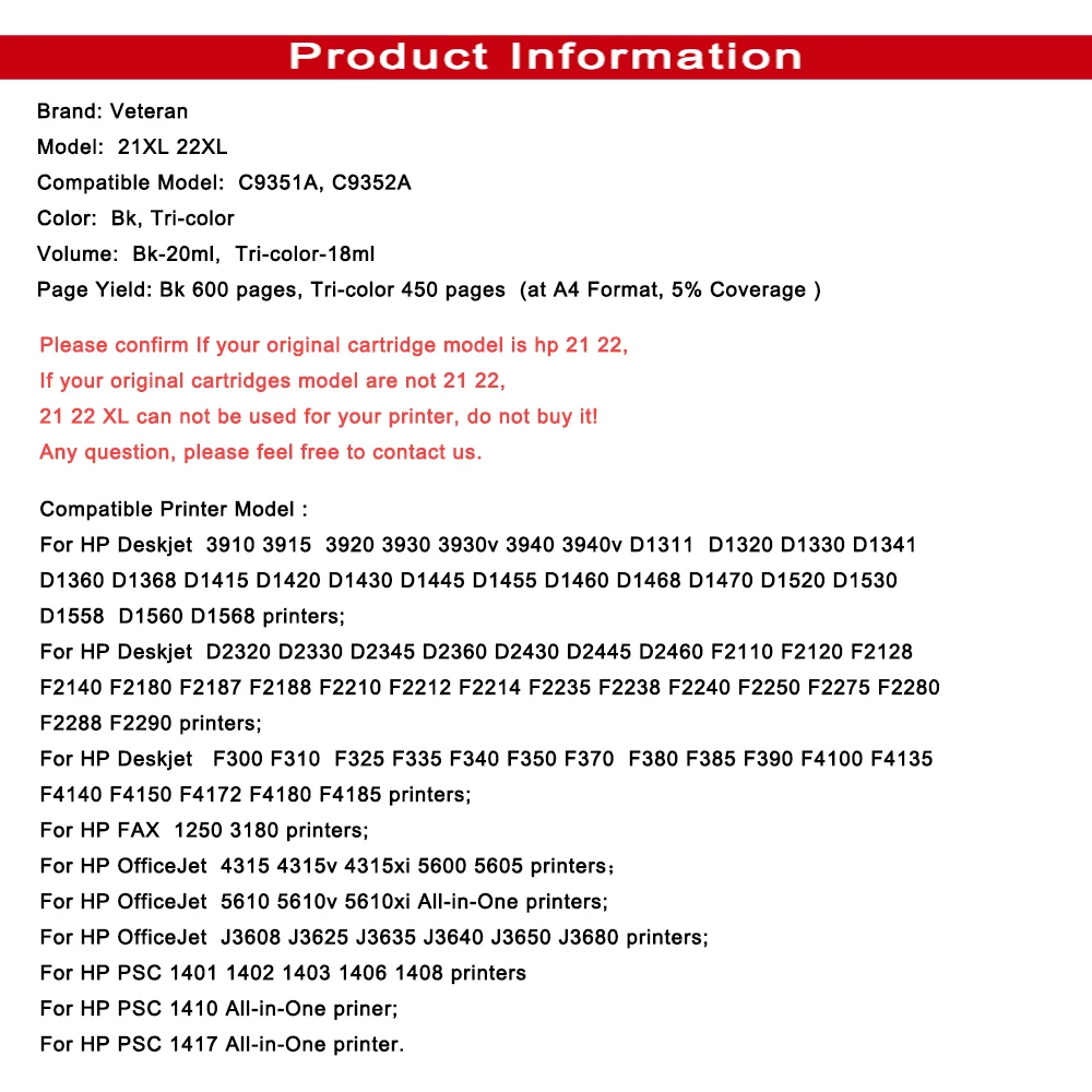 Чернильный картридж Veteran 21XL 22XL для принтера hp 21 22 Deskjet F2180 F2280 F4180 F380 380 D2300