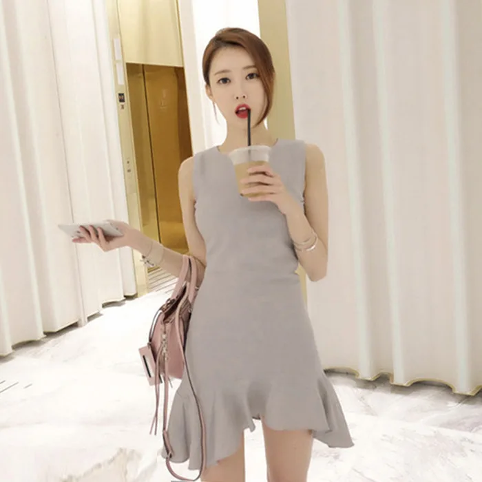 2018 однотонное мини платье русалки женское летнее серое элегантное офисное без
