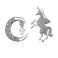 unicorn earring 925 sterling silver clear zircon cute moon cross stud earrings for girls women sweet gift earring korea jewelry