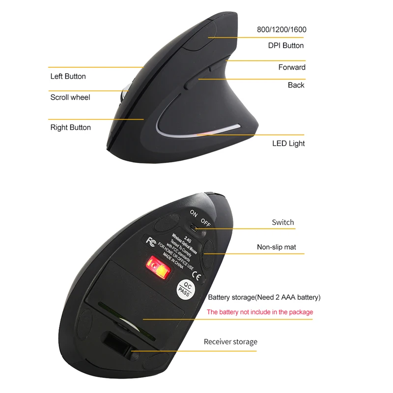 Мышь Вертикальная игровая беспроводная эргономичная 2 4 ГГц USB 800 1200 1600 dpi|Мыши| |