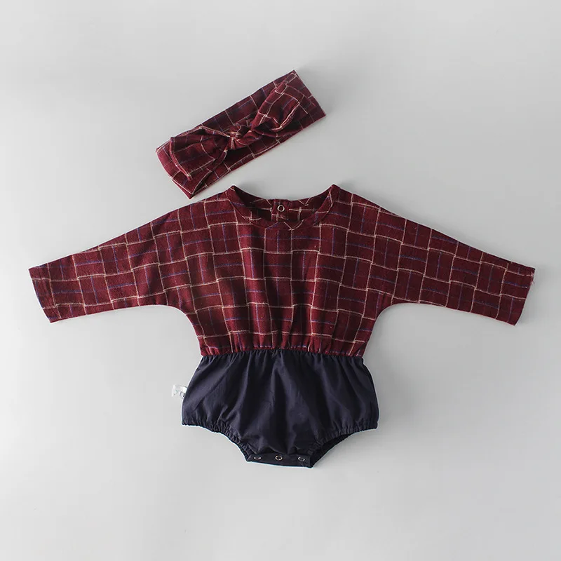 Детский хлопковый комбинезон в клетку с длинными рукавами и оборками|Ромперы| |