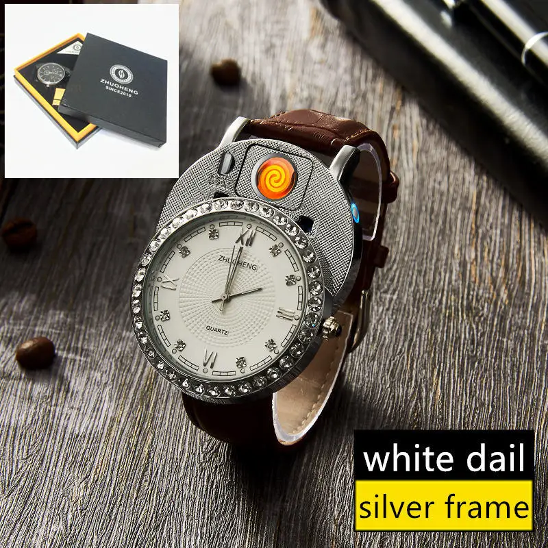 silver white withbox Мужские часы-прикуриватель, кварцевые часы с зарядкой от USB, роскошные часы с бриллиантовым циферблатом, повседневные наручные часы, мужские часы, JH391-1, 1 шт - Цвет: silver white withbox