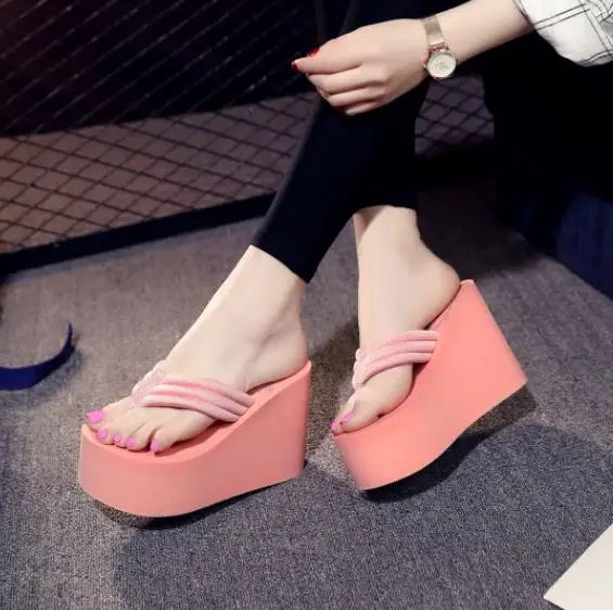 pink 11cm style3 Женские шлепанцы на танкетке и высоком каблуке Женская обувь г. Новые модные летние пляжные сандалии красного цвета с толстой подошвой вьетнамки - Цвет: pink 11cm style3