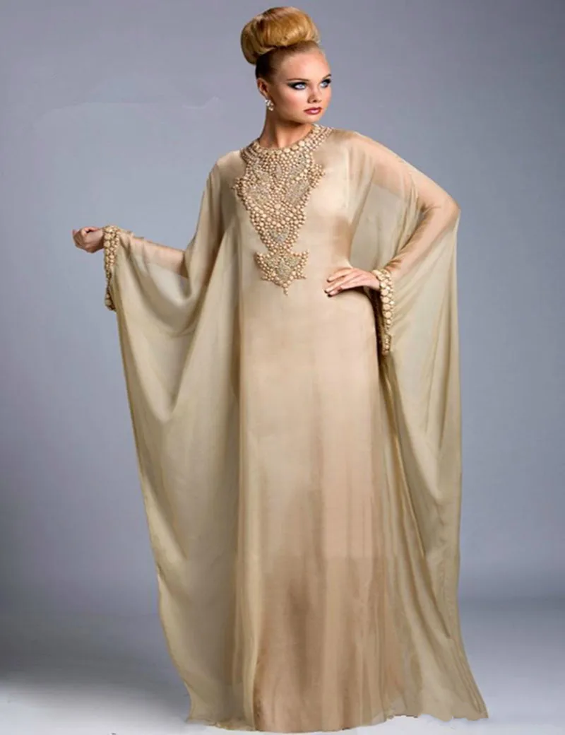 Элегантный Бисером Длинными Рукавами Line 30D Шифон Этаж Длина Вечерние Платья 2017