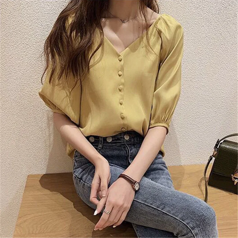 2019 Summer Women White Shirt Feminine Blouse Top Short Sleeve Casual V Collar OL Style Female Button Loose Plus Size Blouses |