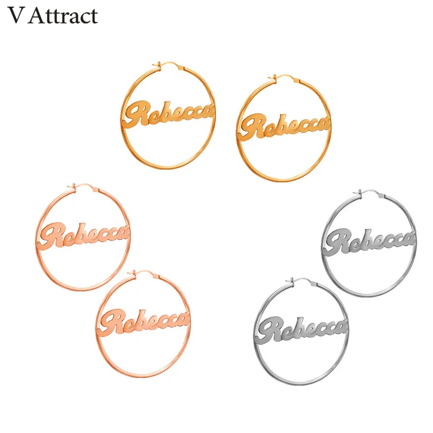 Hiphop Brincos Big Circle Personalized Custom Name Earrings For Women Boho Jewelry Christmas Gift Rose Gold Silver Pendientes