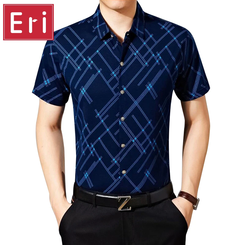 Mercerized Cotton Shirt Fashion Brand Men Striped Slim Fit Short Sleeve Stand Collar Casual Social Shirts Dress 3XL X074 | Мужская