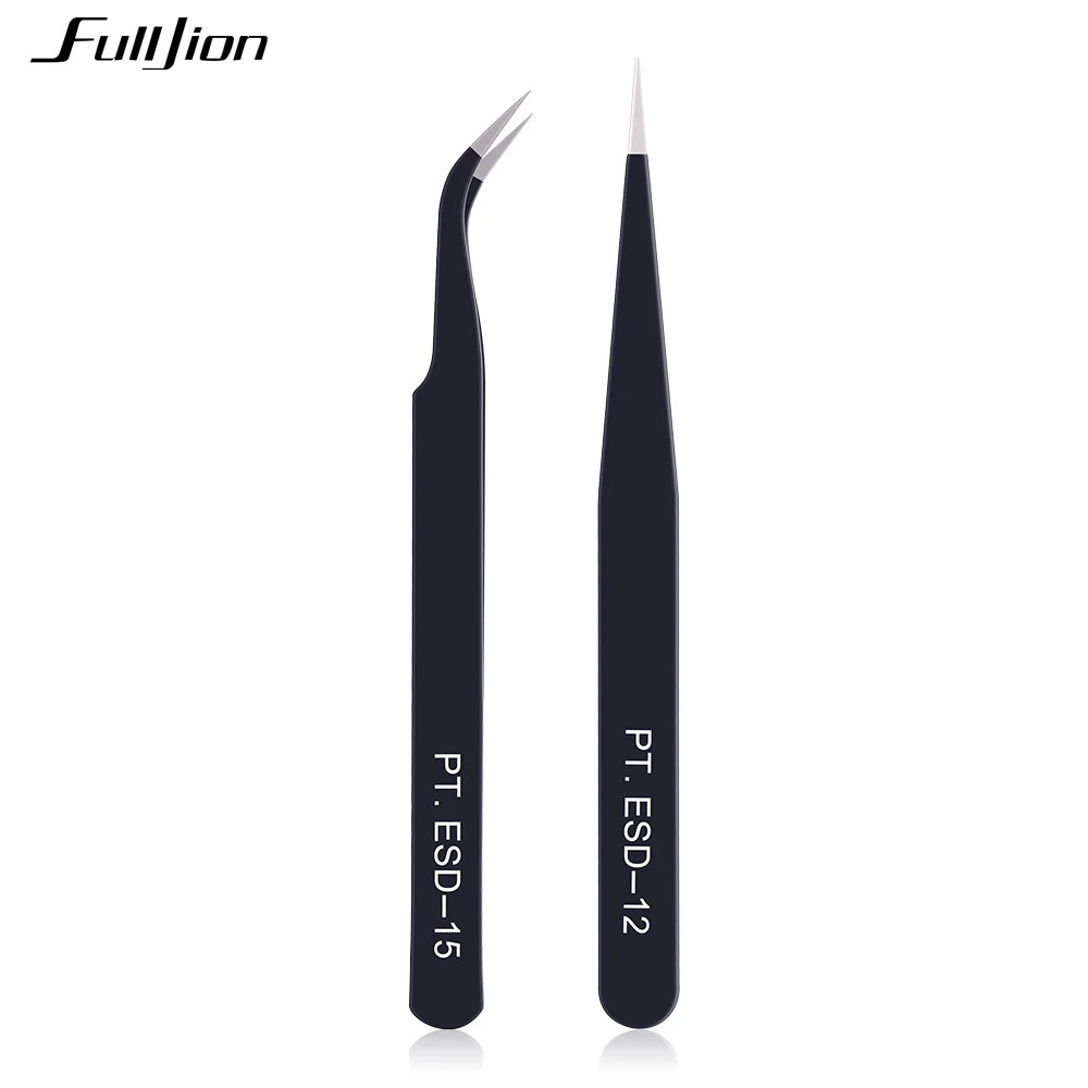 Fulljion 2 шт. антистатические изогнутые пинцеты из нержавеющей стали для