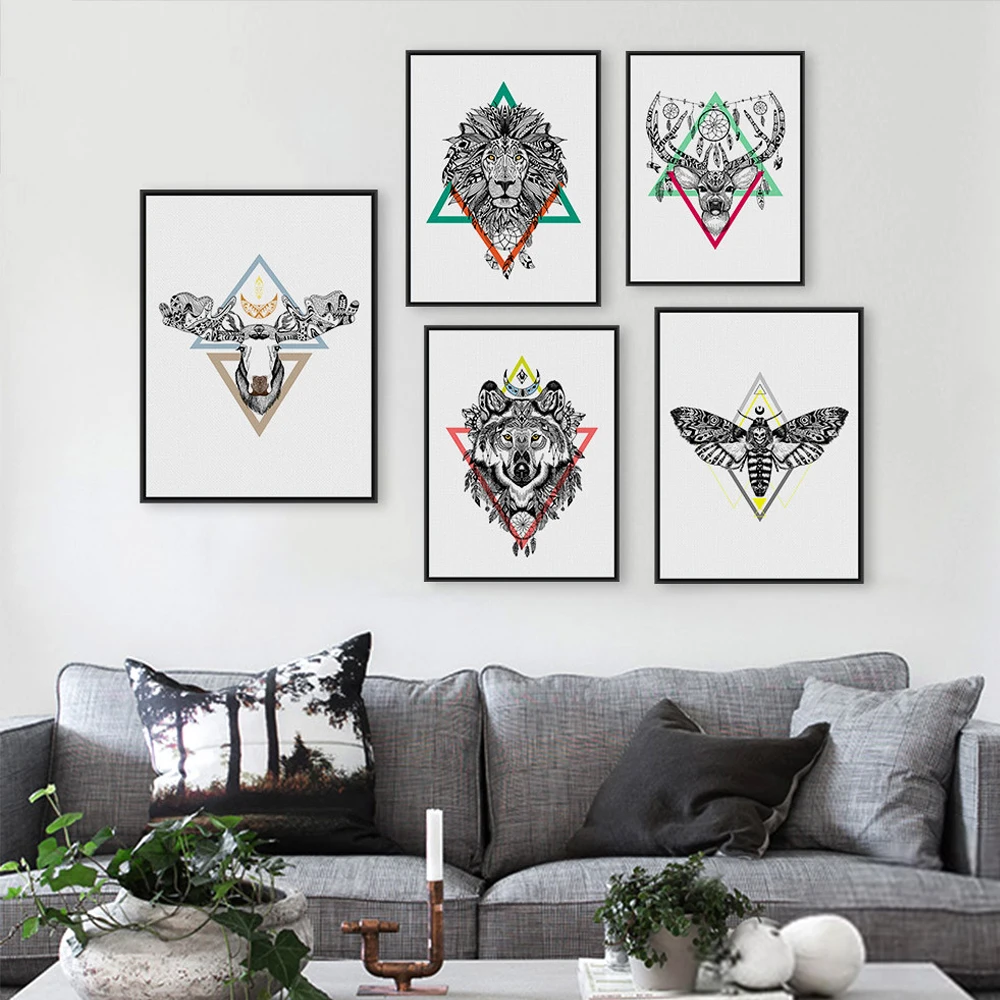 

Angel's Art Unframed Modern Minimalist Triangle Deer Lion Head Animals Print Wall Decor Canvas Poster