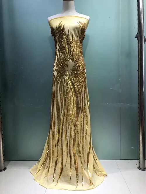 Золото блестками вышивка волны Линия Блестящий кружевной ткани 5yard/lot пайетками