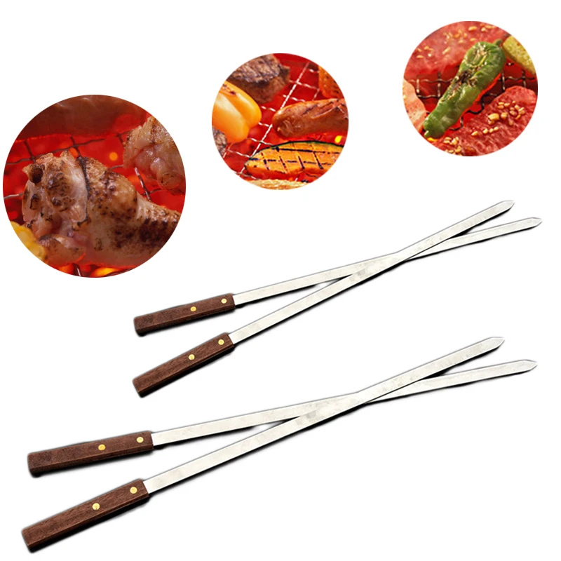 

BBQ Fork Meat Skewer Metal Stick With Wooden Handle Stainless Steel Flat Outdoor Accessories Roasting Fork Kitchen tools 23 Inch