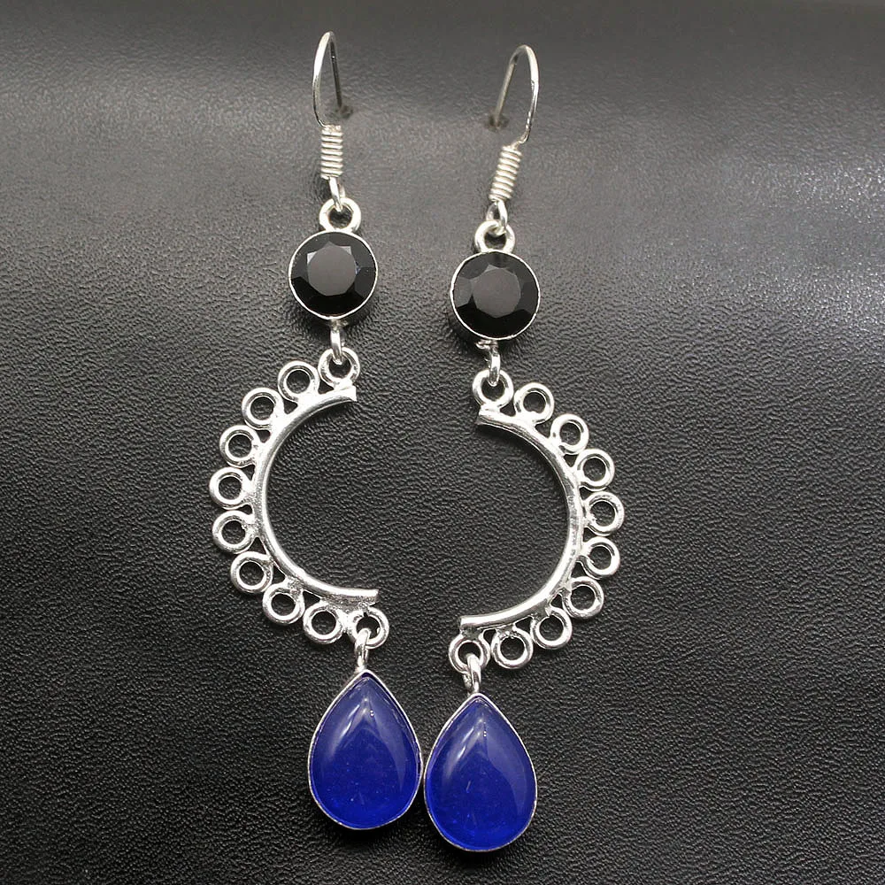 Hermosa трендовые Женские Висячие серьги BlueChalcedony BlackOnyx 2 7/8 дюйма A432 | Украшения и