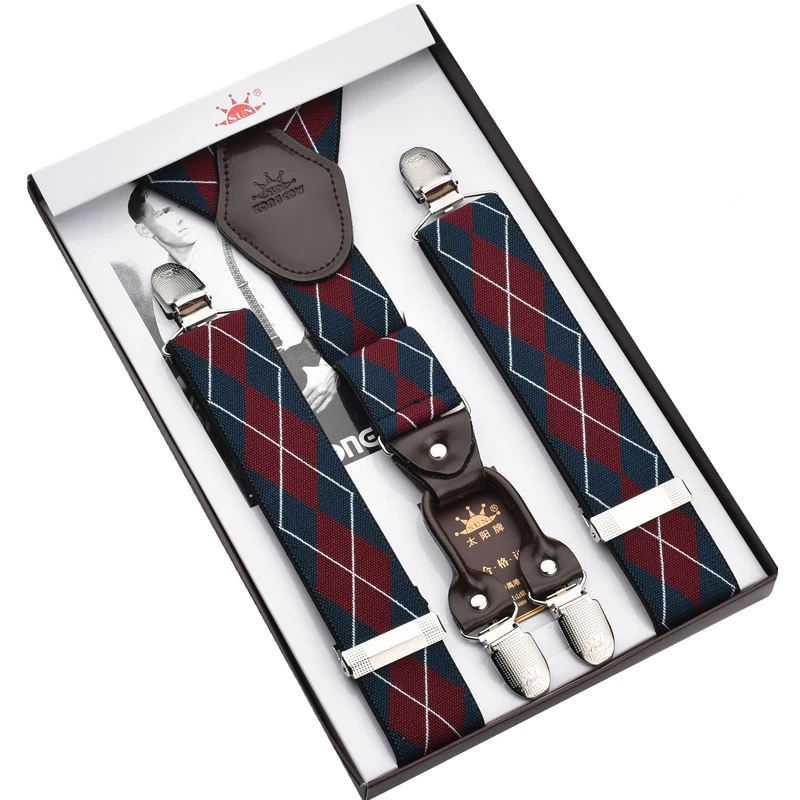 Пурпурно-красная клетка 4 зажима жаккардовая ткань натуральная кожа | Аксессуары