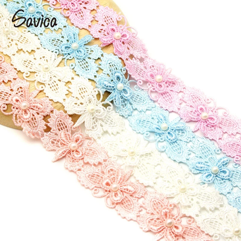 Savica 1y/лот 30 мм Вышивка Бабочка жемчужное кружево платье куклы кружевная ткань