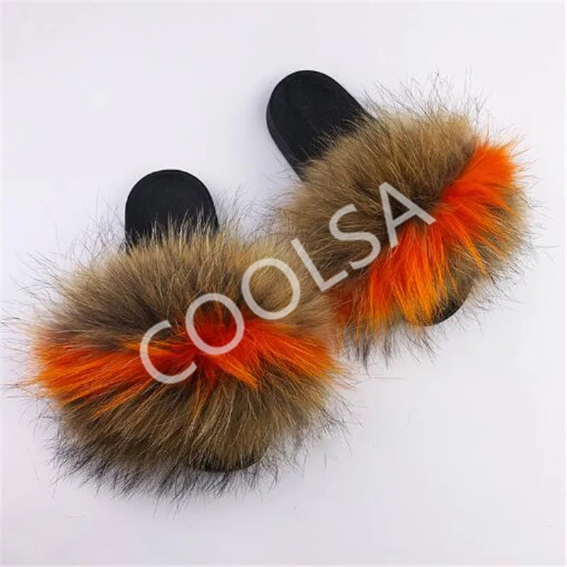 

COOLSA Women's Winter Fluffy Plush Home Shoes Raccoon Fur Slippers Woman Fur Slides Female Fox Fur Sandals Ladies Fur Flip Flops