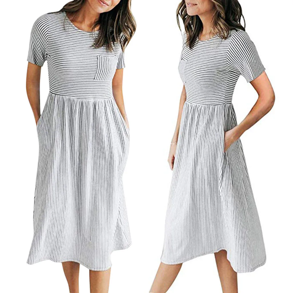 Dresses Casual Women Striped Short Sleeve Dress feminine 2019 Summer Boho Maxi Evening Party SunDresses vestidos | Женская одежда