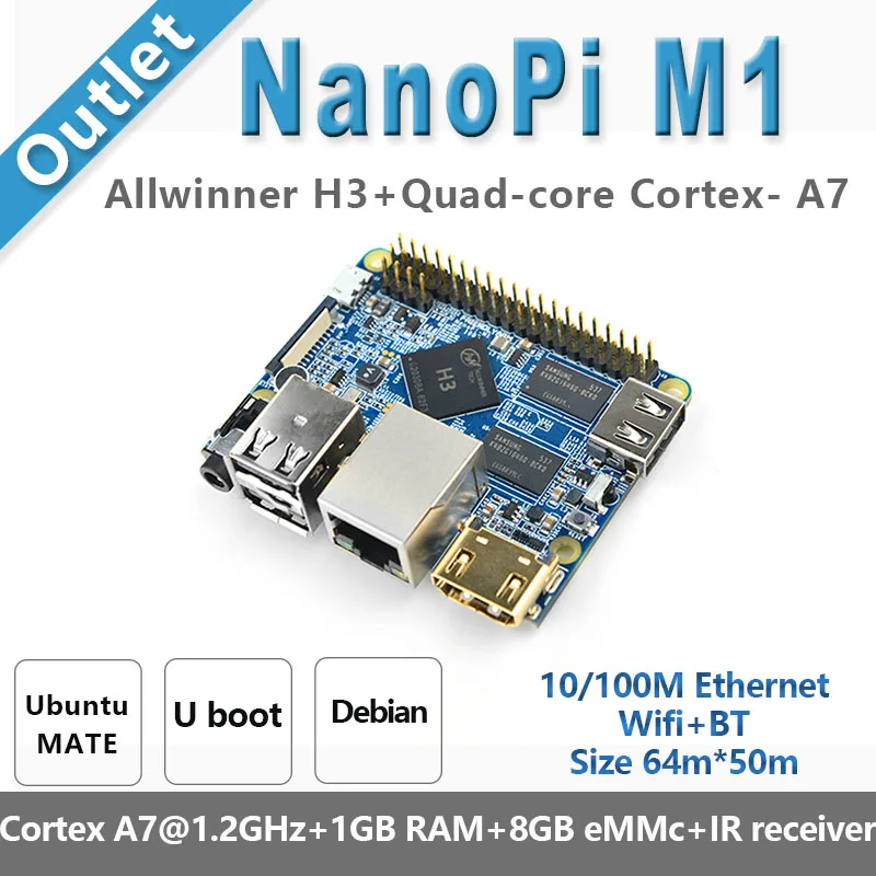NanoPi M1 plus  Allwinner H3,Quad-Core A7@1.2GHz Demo Board Compatible Raspberry Pi, Running u-boot, Ubuntu MATE, Debian