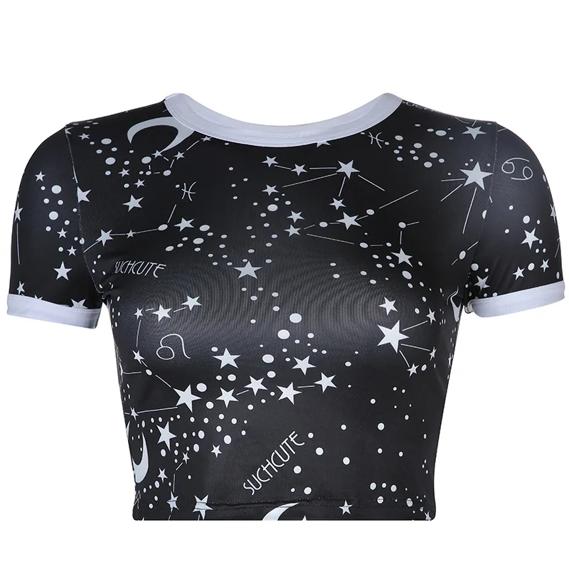 Women Summer Casual T Shirt Black Short Sleeve Crop Top Constellation Letter Print 2019 T-shirts Tee Femme Slim | Женская одежда