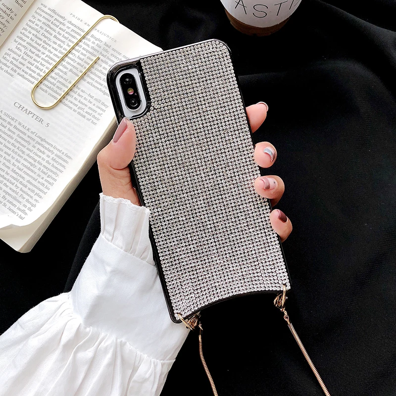 Стразы чехол сверкающий с блестками для iphone XS MAX XR 11X7 8 Plus 6 6s роскошный Алмазный Мягкий протектор с металлической цепочкой задняя крышка