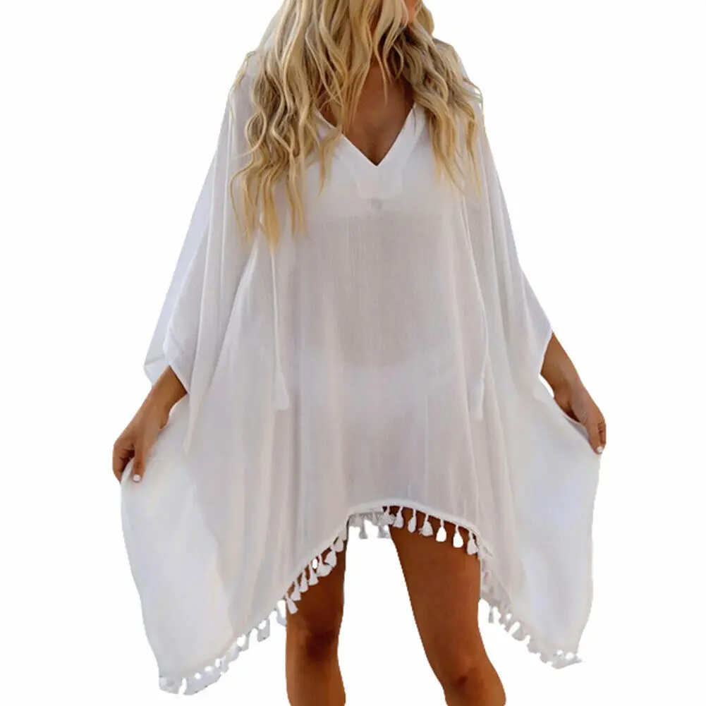 Женский купальник бикини с кисточками накидка кафтан топы на бретелях белая