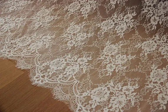 

3 yards vintage chantilly lace fabric, black french wedding lace fabric with eyelash scalloped border, bridal lace fabric