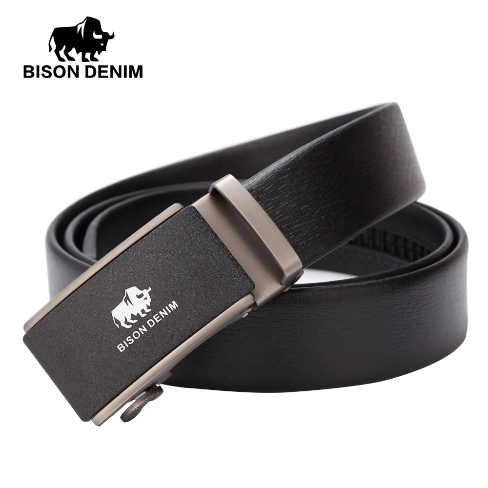Мужской ремень BISON DENIM черный из натуральной кожи с автоматической пряжкой