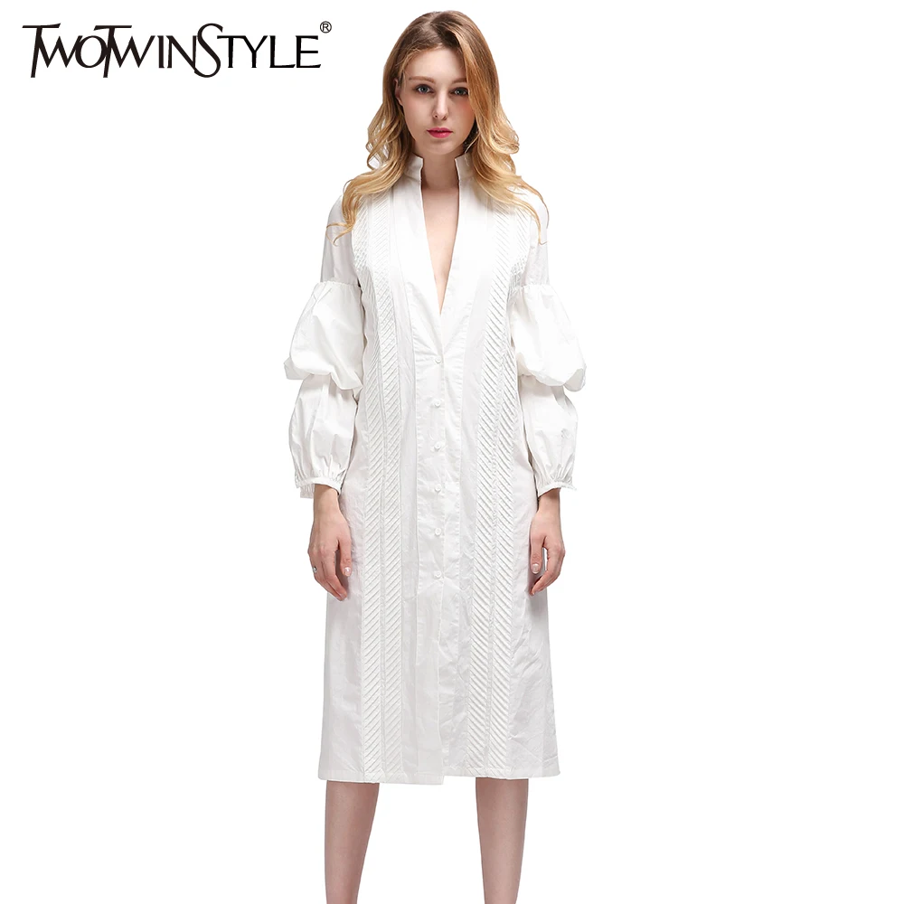 TWOTWINSTYLE 2017 Depp V Neck Women's Blouses Shirts Puff Long Sleeve feminine White blouse Big Sizes Casual Clothing Korean|blouse big size|white