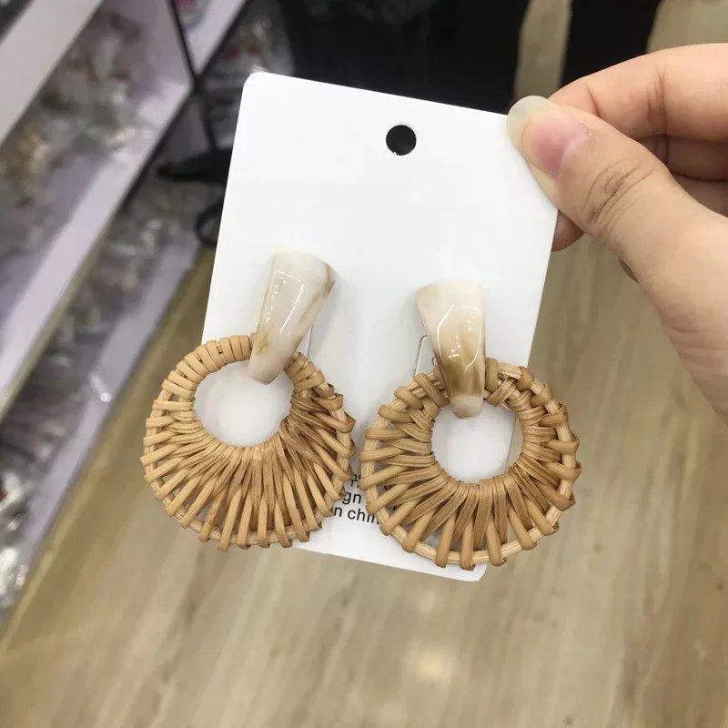Популярные модные корейские бамбуковые деревянные плетеные серьги из ротанга