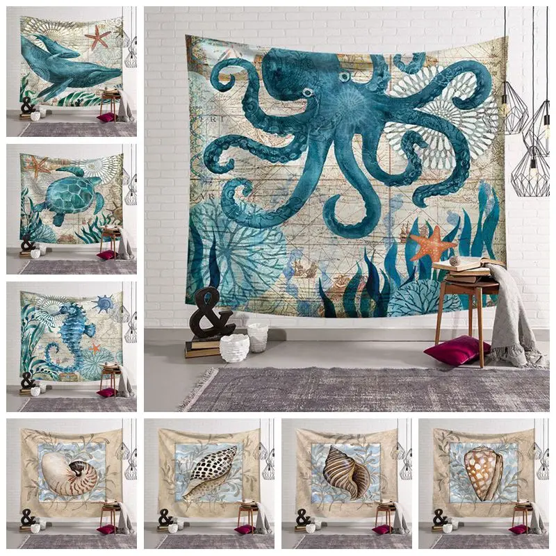 

Marine Organism Art Wall Polyster Tapestry Sea Horse Pattern Home Decorative Bedroom Blanket Beach Towel Yoga Mat