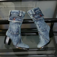 stylish blue denim boots women shoes cowboy pocket design knee high boots square heel short plush high heels boots botas mujer