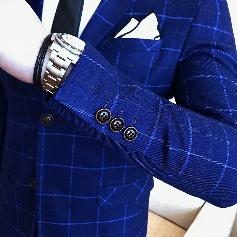 

Men's Plaid Business Three-piece British Men's Nightclub Slim Ternos Masculinos Jacket Vest & Pants