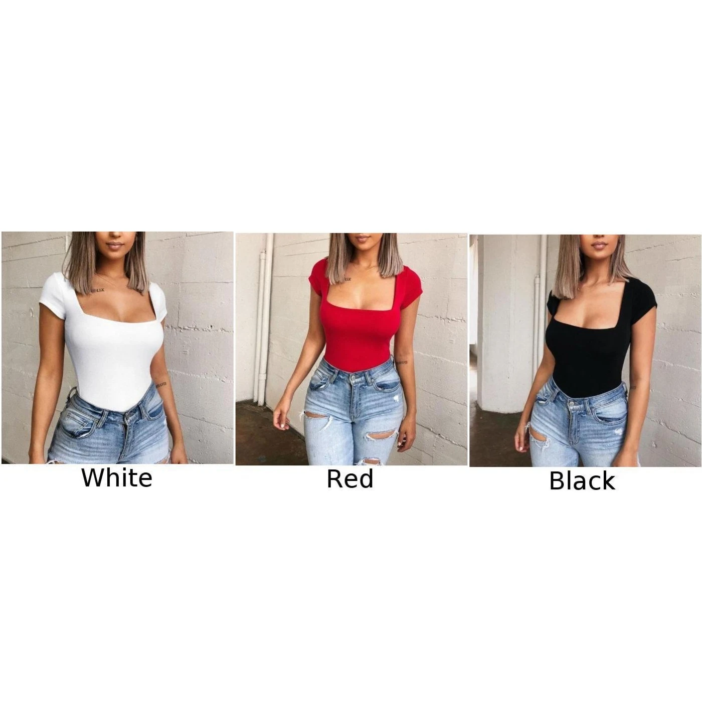 Женские топы с большим квадратным вырезом летние однотонные боди модные