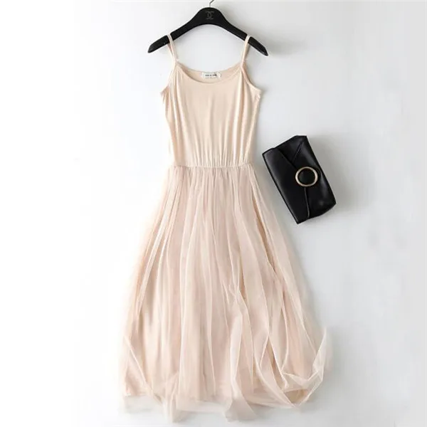 harness beige Новинка, сексуальное Сетчатое платье на тонких бретельках в стиле пэчворк, весна-лето, женское газовое кружевное платье на бретелях, базовый сарафан, вечерние платья SF116 - Цвет: harness beige