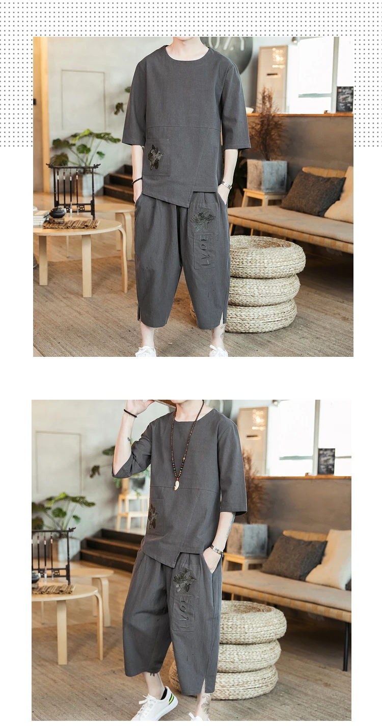 Спортивный костюм для мужчин, уличная одежда, мужские летние хлопковые льняные комплекты с вышивкой из 2 предметов, мужские китайские винтажные костюмы для бега