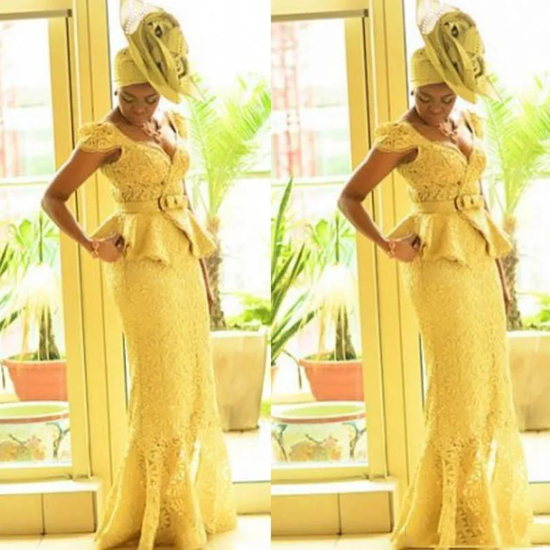 Aso Ebi стильные африканские платья для выпускного вечера 2019 желтое кружевное