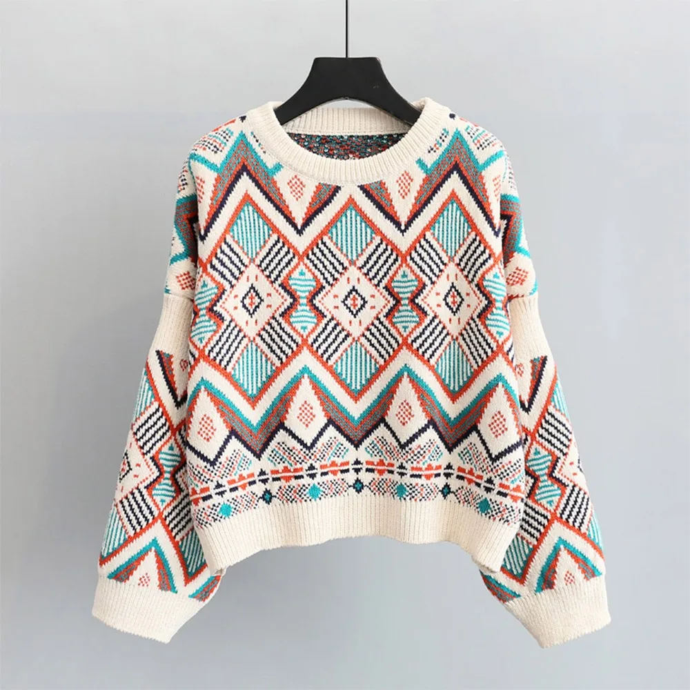 Korean Fashion Casual Knitted Sweater Female Geometric Print Best Selling Autumn Knit Top Winter Pullover Bottoming Women Jumper | Женская