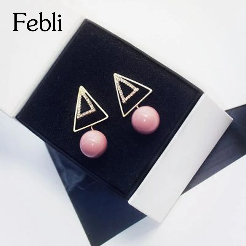 Febli Fresh Temperament Geometry Earrings Triangle And Simulated Pearl Pendants Girl Lovely Pink Colour Earring | Украшения и