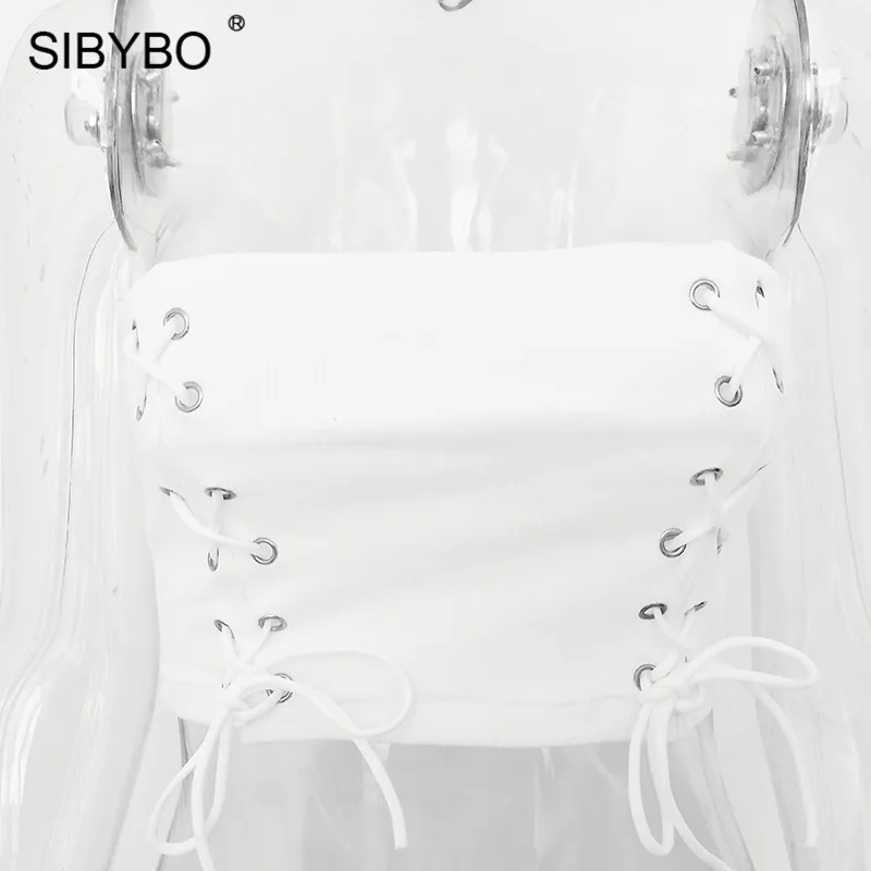 Женский топ без бретелей со шнуровкой Sibybo, повседневный короткий хлопковый укороченный топ бандажного кроя без бретелей на лето